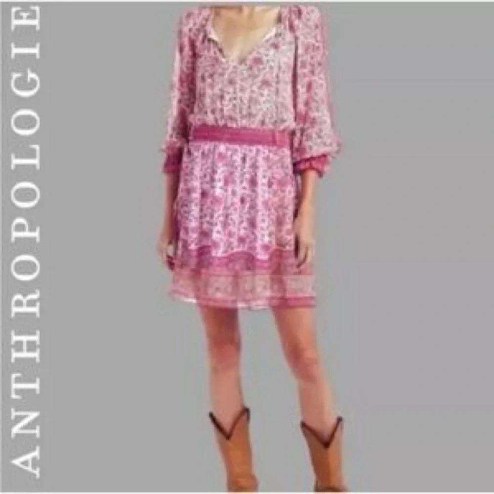 Anthropologie Love The Label Love Sam Pink Border Print Floral Dress Size L